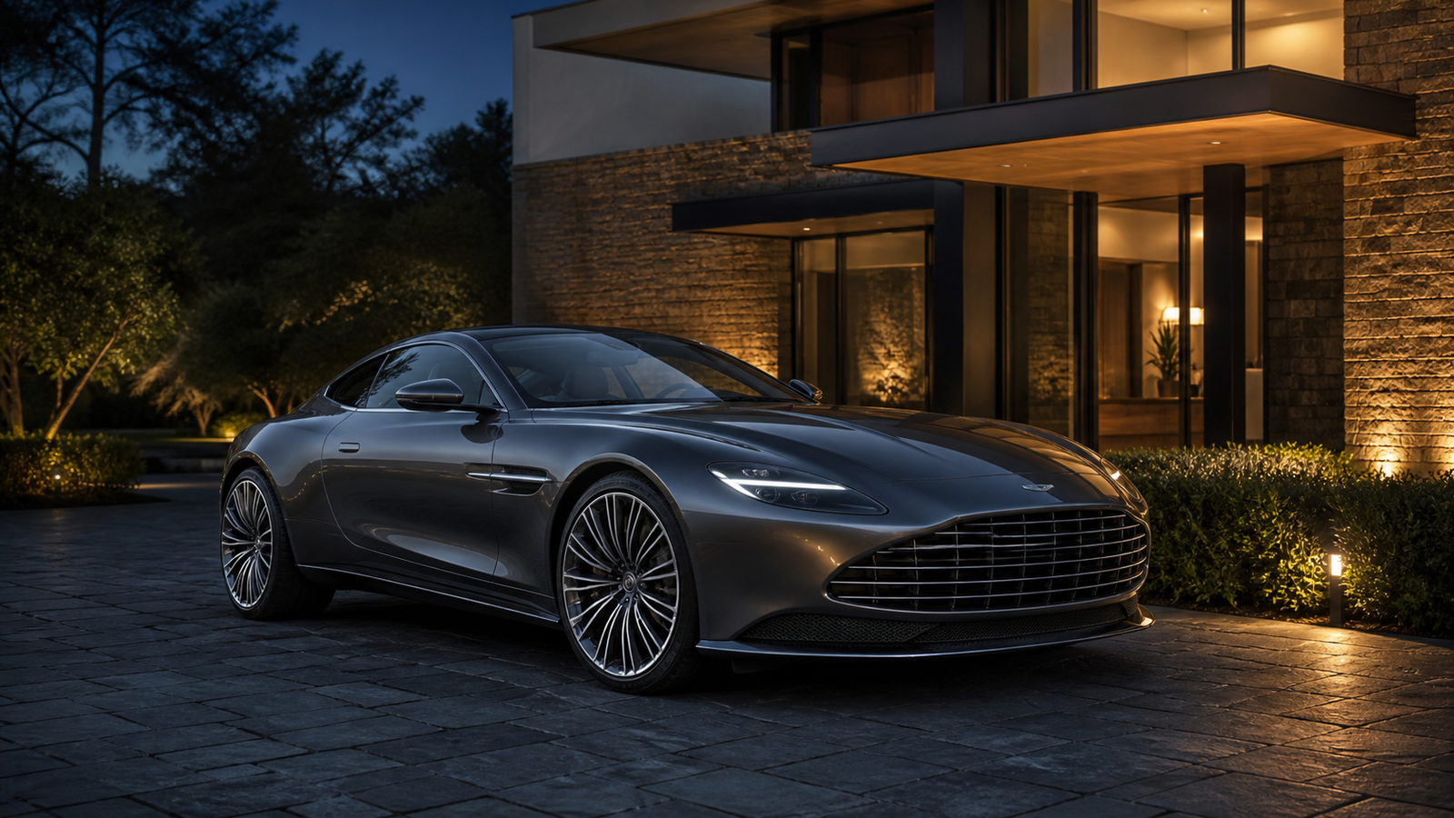Luxury grand touring car outside a contemporary residence